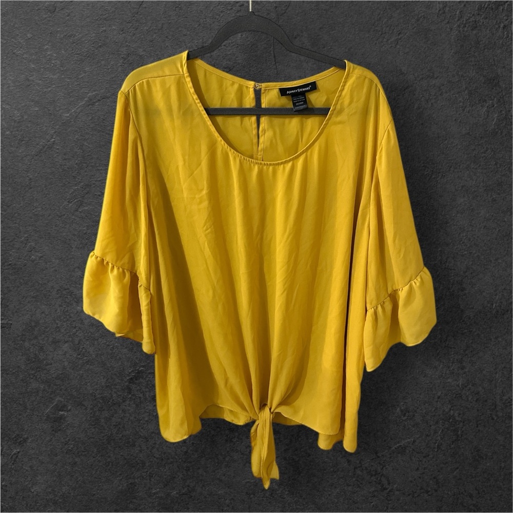 Ashley Stewart bright yellow 3/4 sleeve blouse with bottom tie accent 26/28W